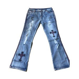 gothic baddie reverse stitching flared y2k jeans with cross details